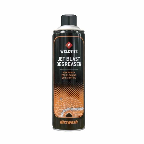 En burk Weldtite Jet Blast Degreaser med svart lock och orange etikett som visar produktnamn, beskrivning och varumärke. På etiketten står det "Max Power, Pro Cleaning, Quick Drying" och den har en orange grafisk design.