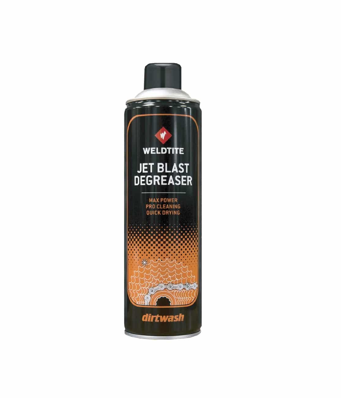 weldtite-dirtwash-jet-blast.jpg En burk Weldtite Jet Blast Degreaser med svart lock och orange etikett som visar produktnamn