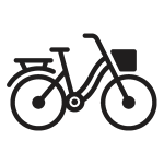 En svartvit ikon av en Cykel med korg fram och pakethållare bak, sedd från sidan mot en ljus bakgrund.