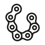 En svart konturteckning av ett cykelkedjesegment arrangerat i en U-form på en ljusgrå bakgrund.