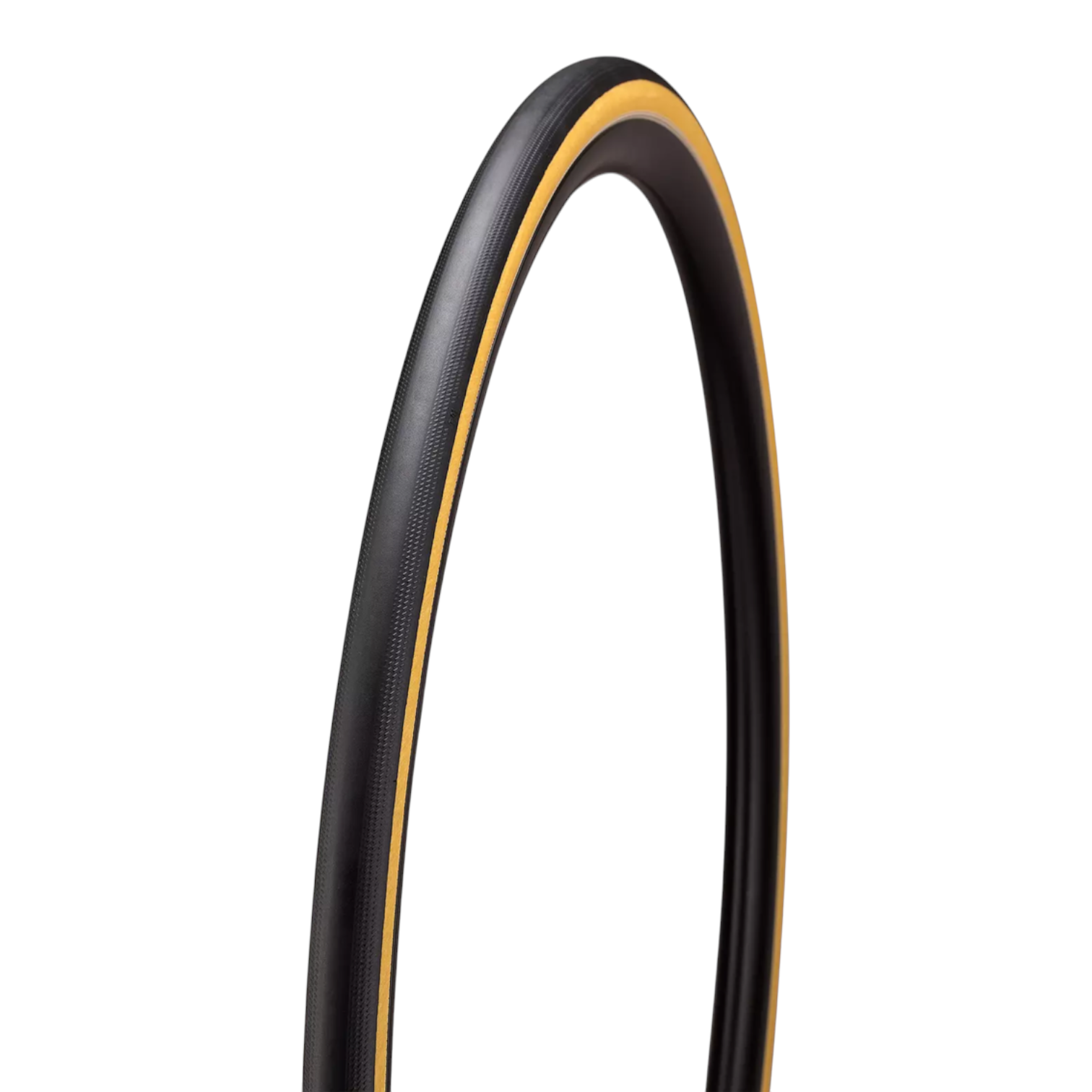 00026-180_TIRE_COTTON-TLR-700X28C_HERO-PDP En närbild av Racerdäck Specialized S-Works Turbo Cotton 28/30/32-622 däck, med svart slitbana och brun sidovägg, mot en vit bakgrund.