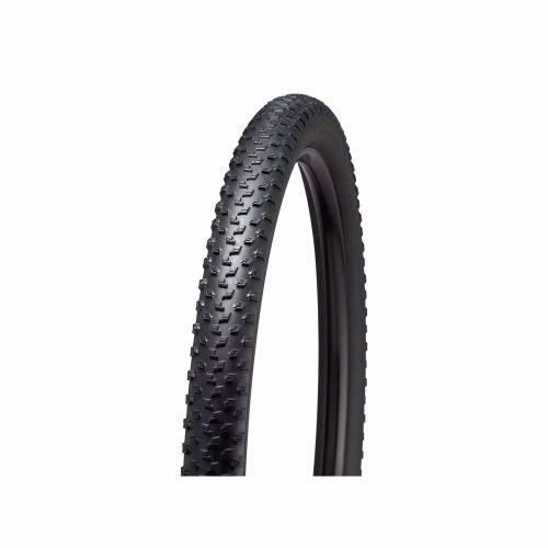 Ett svart 29-tums Specialized Fast Trak Control T5 2Bliss Ready mountainbike-däck visas på en vit bakgrund. Däcket har ett mönstrat slitbanemönster. Belysningen är mjuk och jämn, vilket framhäver däckets detaljer.