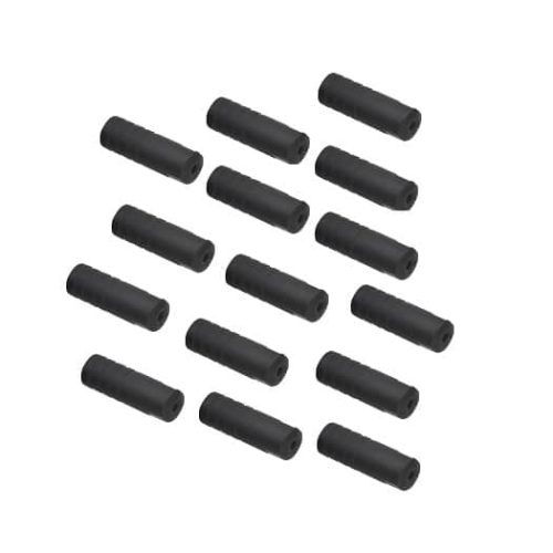 Närbild av 15 stycken svarta Shimano ändhylsor i plast för SP40/41 växelhölje 4,2mm, placerade på en vit bakgrund. Matt yta med subtila ljusreflektioner som ger en känsla av modernitet och precision.