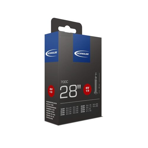 Produktbild av en Schwalbe SV15 racerslang för cykel med 40 mm Presta-ventil. Slangen är förpackad i en svart kartong med blå detaljer och tydlig information om storlek och kompatibilitet.
