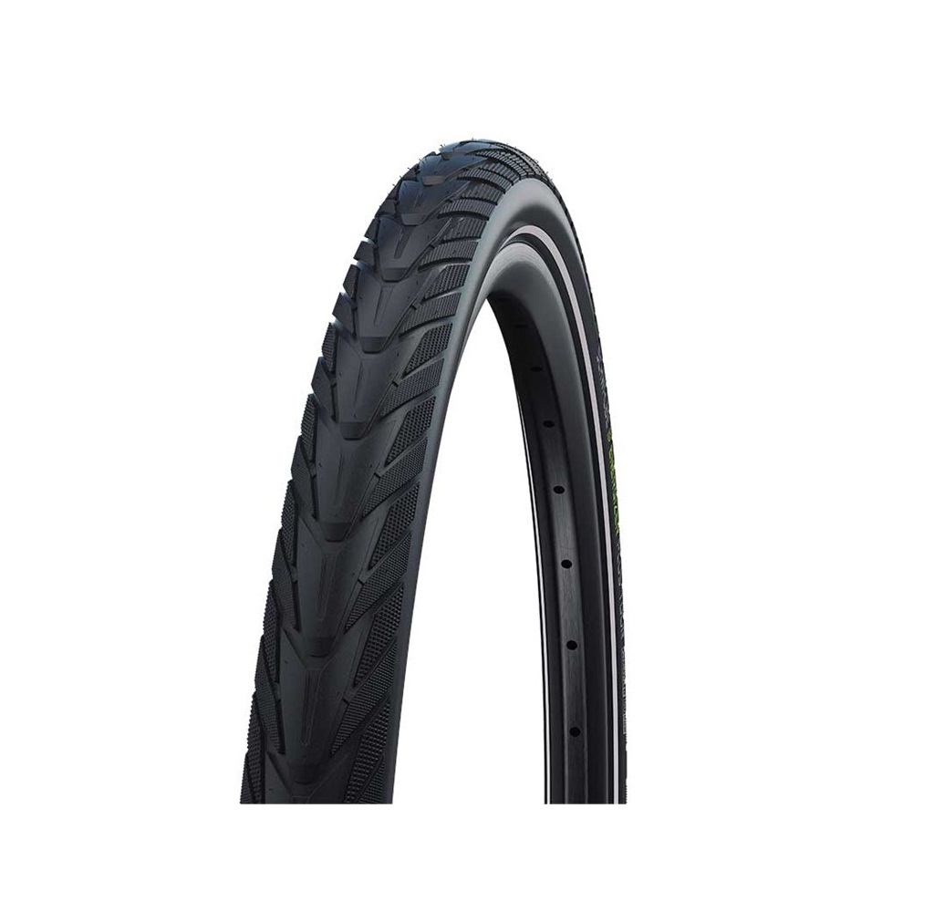 11101363 Ett detaljerat svart cykeldäck från Schwalbe, Delta Cruiser Plus, med distinkt mönster, flankeras av en svart fälg med reflexrand mot en vit bakgrund.