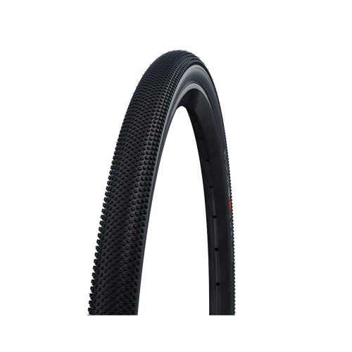 Svart Schwalbe G-ONE Allround cykeldäck, vikbart, med ett distinkt mönster för allsidig användning. Däcket visas mot en ren, vit bakgrund under jämnt ljus.
