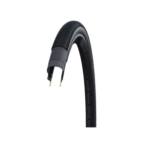 Ett vikbart Schwalbe G-ONE Allround-däck i svart, storlek 35/40-622mm, visas i studiobelysning mot en vit bakgrund. Däcket är delvis avmonterat från fälgen, vilket exponerar insidan.