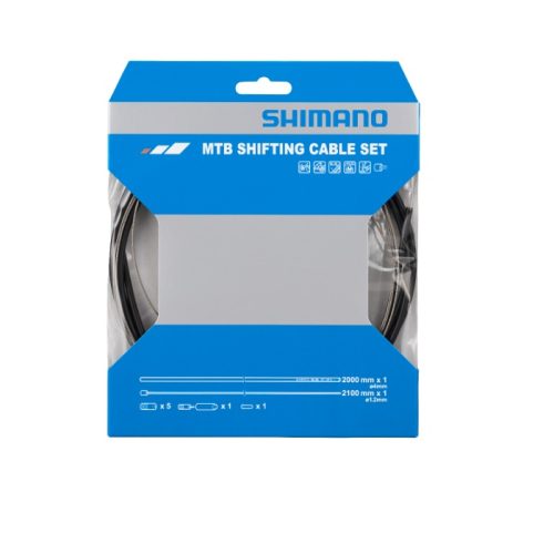 En förpackning Shimano MTB växelvajerset SP-41. Förpackningen är blå och vit och visar vajrar och tillbehör. Belysningen är jämn och detaljerna är tydliga, vilket ger en professionell och informativ bild av produkten.