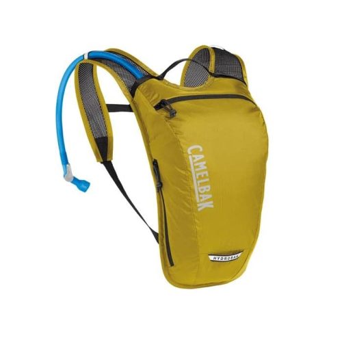 CamelBak Hydrobak med 1,5 liter blåsa är en gul vätskeryggsäck med blixtlåsförsedda fack, svarta axelremmar, vaddering i mesh och en blå drickslang för handsfree tillgång till vatten.