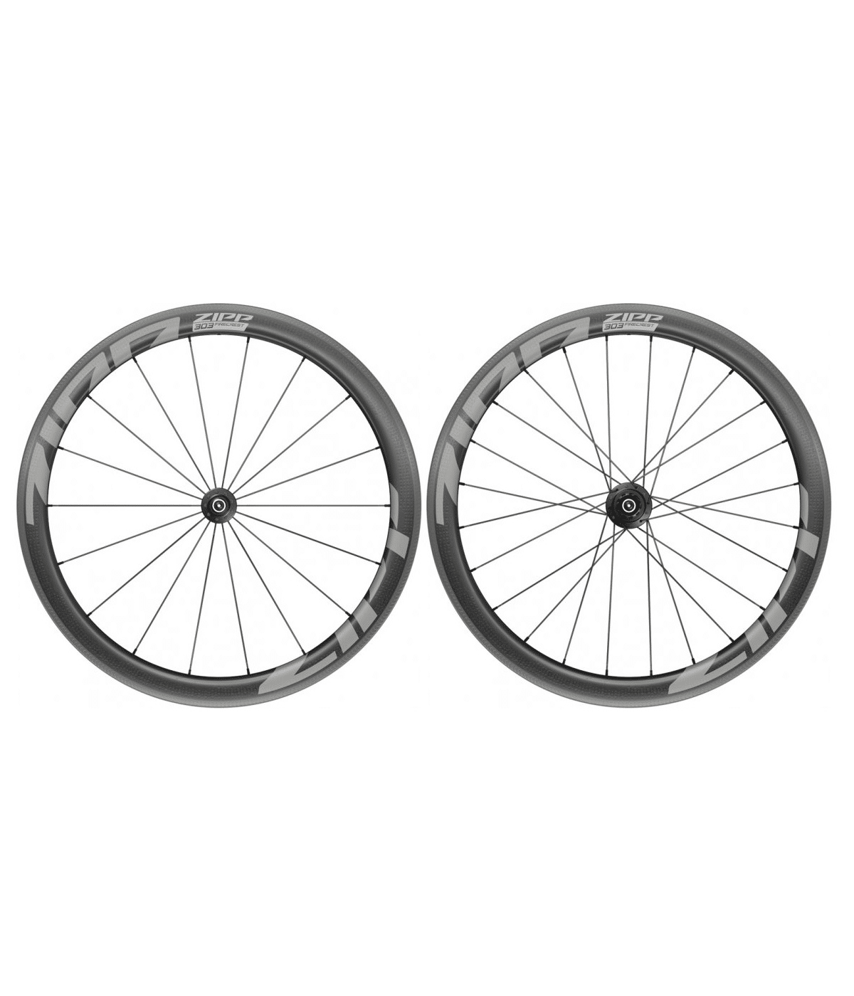 303-hjulpar.png Två Zipp 303 Firecrest tubeless/clincher hjul i kolfiber visas mot en vit bakgrund. Hjulen har en djup profil och är märkta med "ZIPP" och "303 Firecrest".