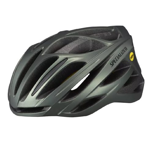 En grön Specialized Echelon II MIPS cykelhjälm mot en vit bakgrund. Hjälmen har ventilationshål och Specialized-logotypen syns tydligt, med MIPS-märkning intill. Belysningen är jämn och detaljerad.