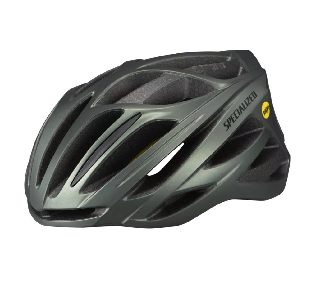 60121-143_HLMT_ECHELON-II-HLMT-MIPS-CE-OAKGRNMET-BLKREFL-M_HERO En grön Specialized Echelon II MIPS cykelhjälm mot en vit bakgrund. Hjälmen har ventilationshål och Specialized-logotypen syns tydligt, med MIPS-märkning intill. Belysningen är jämn och detaljerad.
