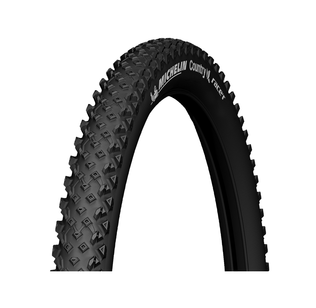 749041 Svart MTB-däck Michelin Country Racer 27,5x2,10 med tydligt mönster. Däcket har en böjd form och är placerad mot en vit bakgrund i starkt ljus.