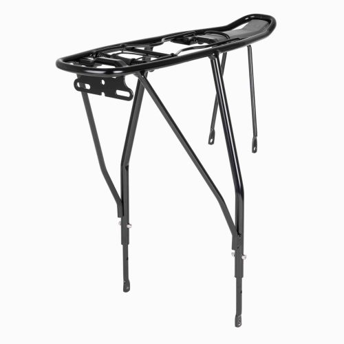 Svart pakethållare Atran Velo Activ Sport i aluminium, avsedd för cyklar 24–28 tum, isolerad mot en vit bakgrund i studioljus. Detaljerad konstruktion med justerbara ben syns tydligt.