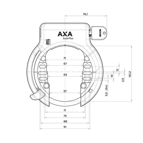 Detaljerad schematisk ritning av ett AXA Solid Plus ramlås med måttangivelser, presenterat i en teknisk och informativ stil. Ritningen visar tydligt låsets dimensioner och konstruktion, i en ljus och ren atmosfär.