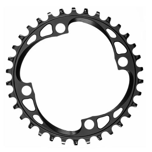 Detta är ett detaljrikt foto av ett svart, runt framdrev från Absoluteblack, designat för 1x10, 11 eller 12-växlade cyklar med 104 BCD/64BCD.