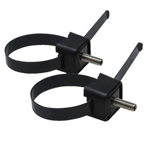 Två Låsfäste Abus LH Adapter för ringlås, svarta metallklämmor med justerbara band och gängade bultar, är placerade parallellt med varandra mot en vit bakgrund.