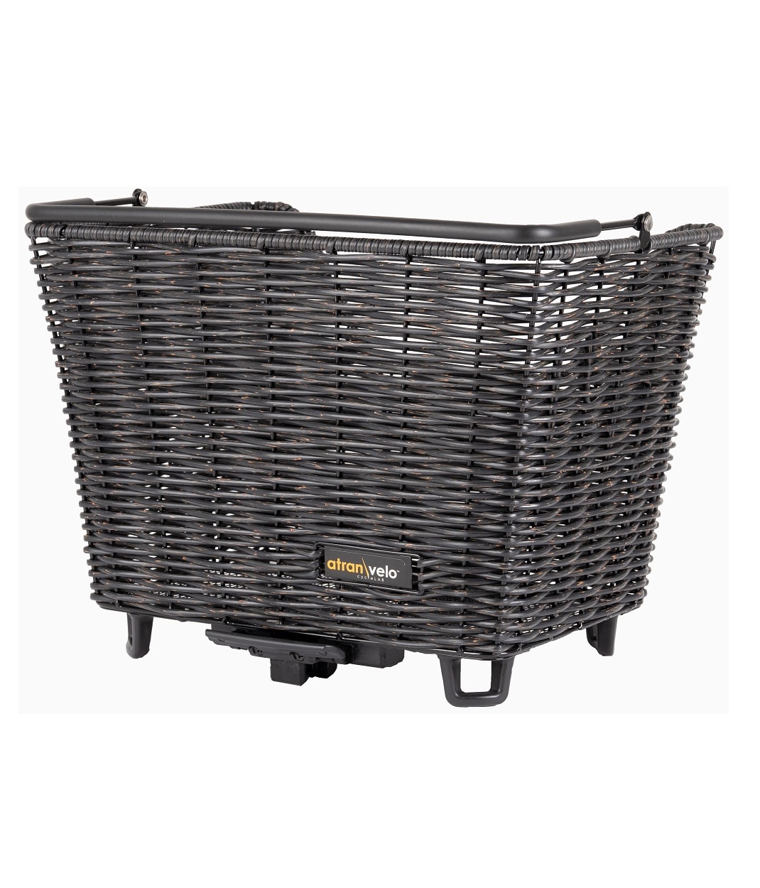 Atran-Picnic-M-Svart.jpg Cykelkorg Atran Velo Picnic 24 L, AVS är en rektangulär mörkgrå cykelkorg med vävd design, en robust ram, fästanordningar i botten och en liten logoetikett på framsidan.