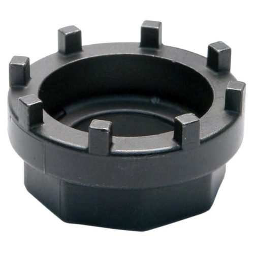 Ett Park Tool BBT-18 vevlagerverktyg av svart metall med åtta tappar runt öppningen. Verktyget står på en vit bakgrund med jämn belysning, vilket framhäver dess hexagonformade bas.