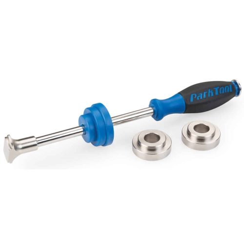 Vevlagerverktyg från Park Tool för 30 mm press-fit lager. Verktyget har blått handtag och medföljande distansbrickor i silver. Studioljus, hög detaljrikedom.