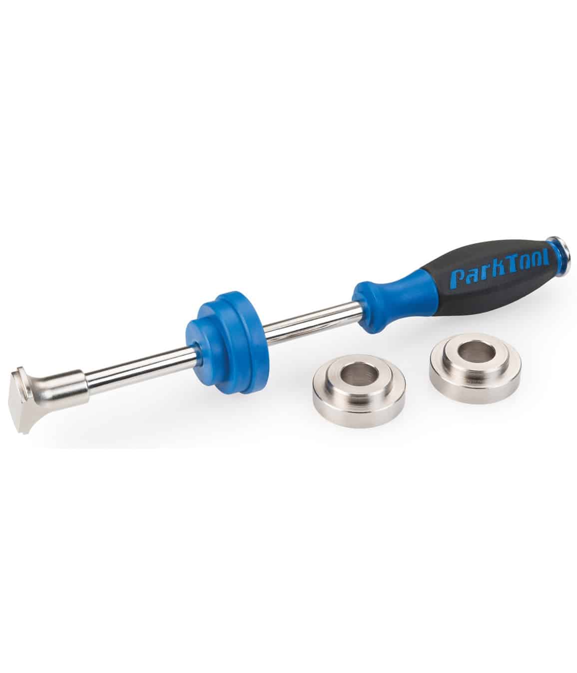 BBT-30.4-park-tool.jpg Vevlagerverktyg från Park Tool för 30 mm press-fit lager. Verktyget har blått handtag och medföljande distansbrickor i silver. Studioljus, hög detaljrikedom.