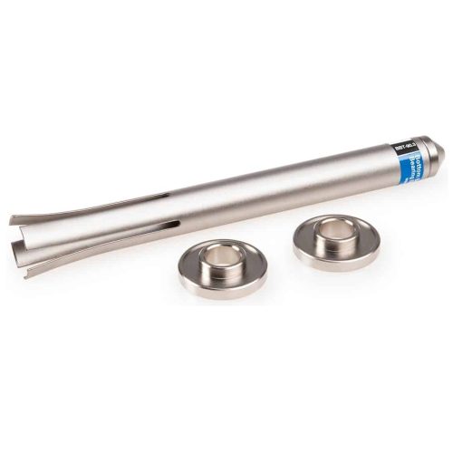 Vevlagerverktyg från Park Tool för 22-24 mm press-fit lager. Silverfärgad med två tillhörande ringar. God belysning framhäver verktygets detaljer mot en ljus bakgrund.