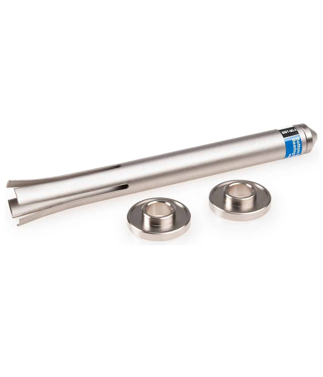 BBT-90.3-park-tool.jpg Vevlagerverktyg från Park Tool för 22-24 mm press-fit lager. Silverfärgad med två tillhörande ringar. God belysning framhäver verktygets detaljer mot en ljus bakgrund.