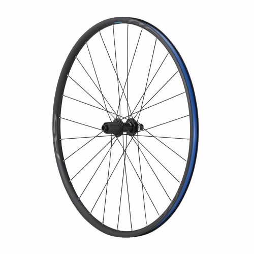 Ett Shimano WH-RS171 CL Disc hjul, presenterat på en vit bakgrund. Hjulet har en mörk fälg med en blå accent och svarta ekrar som strålar ut från navet.