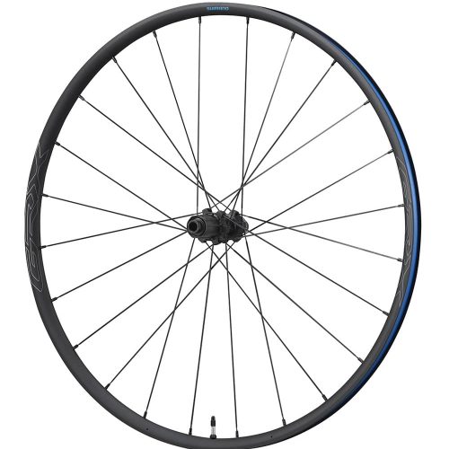 Ett svart Shimano GRX RX570 WH-RX570-TL bakhjul med skivbroms i starkt ljus. Hjulet har svarta ekrar och en blå rand på fälgen, framhävt mot en vit bakgrund.