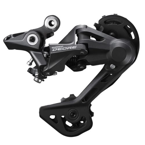 Detaljerad bild av en Shimano Deore RD-M4120 bakväxel, 10/11s. Neutral belysning framhäver växelsystemets komplexa konstruktion och mattsvarta finish.