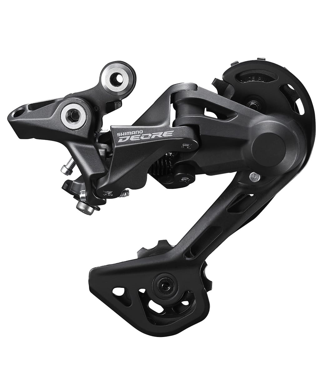 Bakvaxel-10-11-vxl-RD-M4120-Deore.jpg Detaljerad bild av en Shimano Deore RD-M4120 bakväxel, 10/11s. Neutral belysning framhäver växelsystemets komplexa konstruktion och mattsvarta finish.