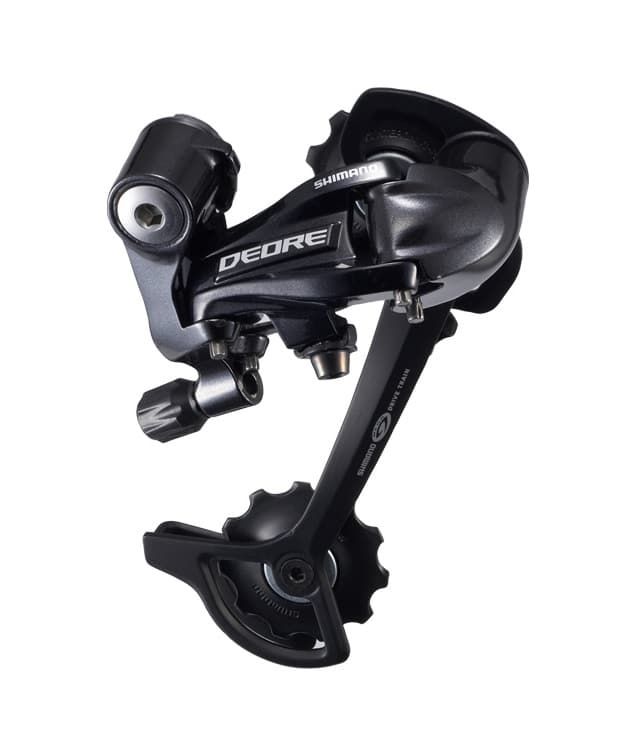 Bakvaxel-9-vxl-Svart-SGS-RD-M591-Deore-MTB.jpg Detaljerad bild av en Shimano Deore RD-M591 bakväxel för 9-delade system, i svart. Ljuset framhäver dess mekaniska konstruktion och texten "DEORE".