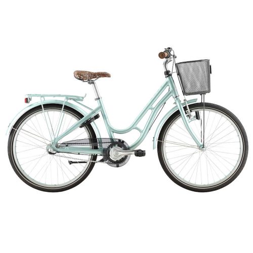 Mintgrön damcykel Monark Lill-Karin 3s i studiomiljö, väl belyst. Detaljer som sadel, korg och kedjeskydd framträder tydligt. Klassisk design med lågt insteg.