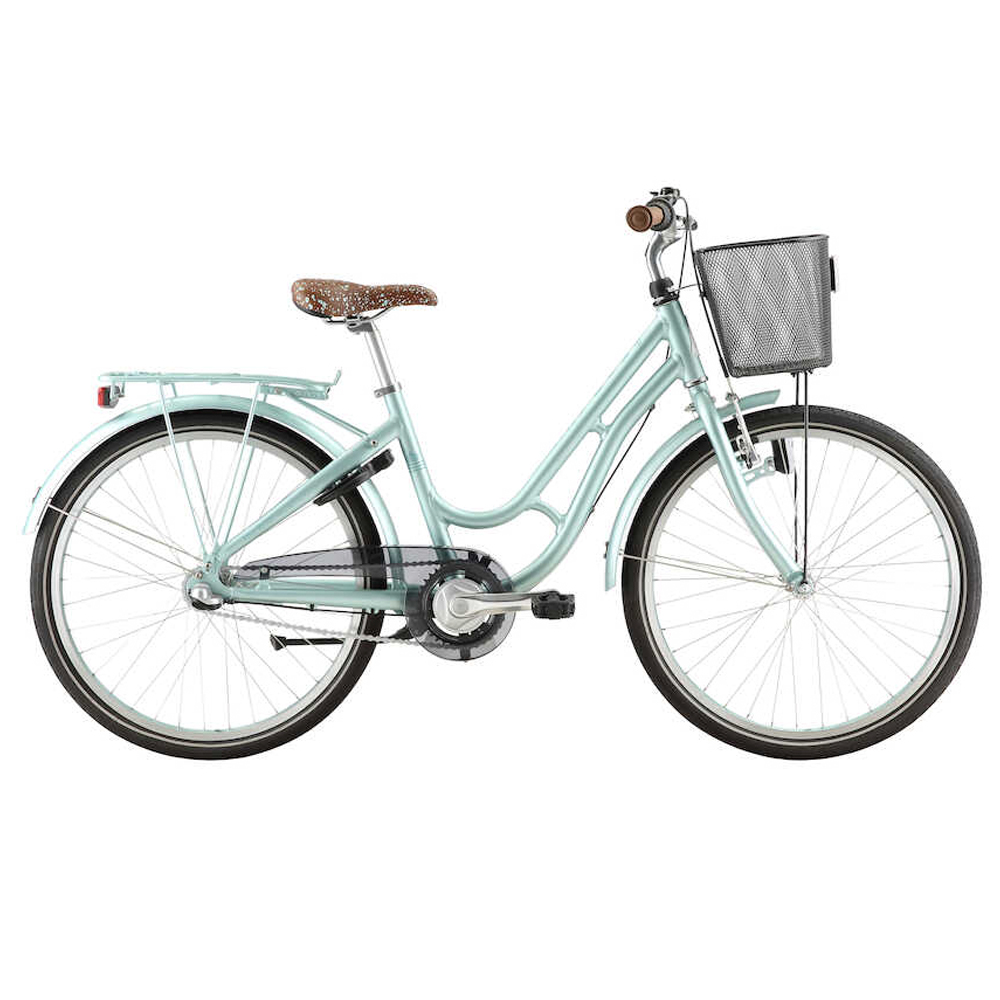 Barncykel Monark Lill-Karin 24 Mint 1 Mintgrön damcykel Monark Lill-Karin 3s i studiomiljö, väl belyst. Detaljer som sadel, korg och kedjeskydd framträder tydligt. Klassisk design med lågt insteg.
