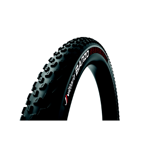 Närbild av ett Vittoria Barzo TNT mountainbike däck i grått och svart, dimension 29x2,25/2,35", framhävt mot en ren vit bakgrund. Detaljerade knoppar och varumärket "Vittoria Barzo" är tydligt synliga.