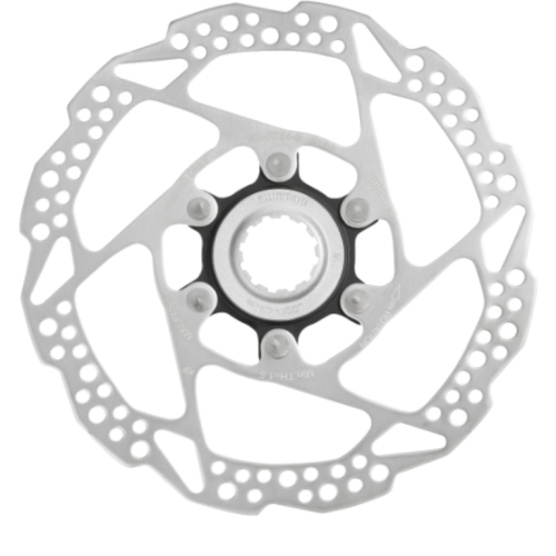 Detaljerad bild av en Shimano Alivio SM-RT54S bromsskiva, framhävd med Centerlock infästning. Skivan är silverfärgad med svarta detaljer i mitten. Ljusmiljön är ljus och fokuserad, visar tydligt produktens design.