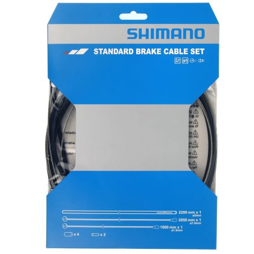 Bilden visar ett Shimano bromsvajerset för MTB. Setet innehåller vajrar och svarta höljen. Produktförpackningen är blå med vit text och tydlig grafik som visar innehållet och dimensionerna.