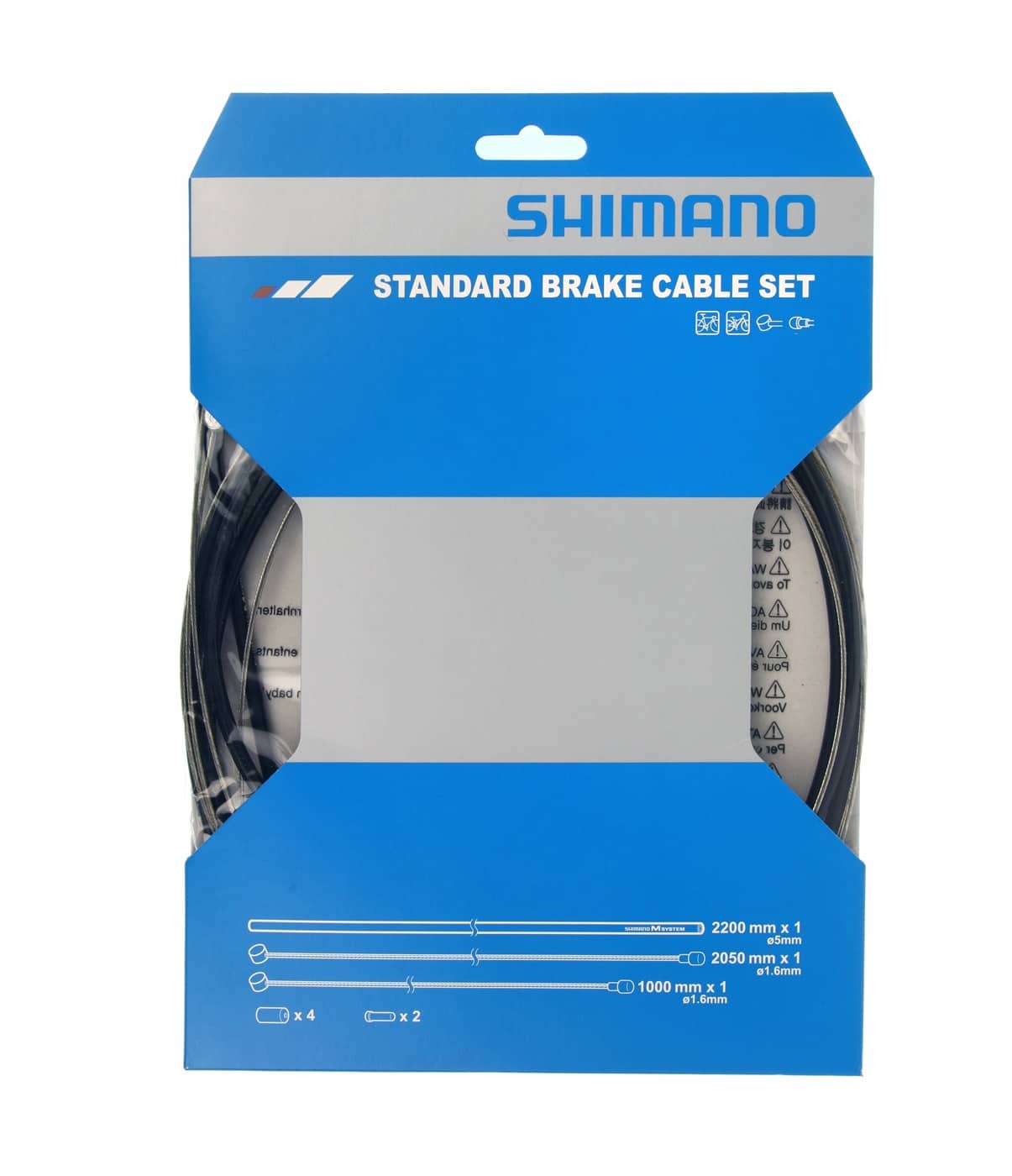 Bromsvajerset-Racer-MTB-svart-dubbla-nipplar.jpg Bilden visar ett Shimano bromsvajerset för MTB. Setet innehåller vajrar och svarta höljen. Produktförpackningen är blå med vit text och tydlig grafik som visar innehållet och dimensionerna.