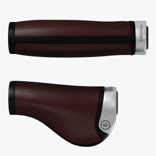 Handtag Brooks Ergon GP1 130/100mm Brun ergonomiska cykelstyrgrepp visas med brun och svart design, silverfärgade metalländstycken, visas från sidan och ovan mot en vit bakgrund.