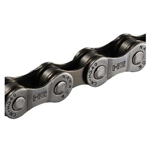 Detaljbild av en Shimano CN-HG40 cykelkedja med 115 länkar, avsedd för 6/7/8-delade system. Metallisk ton med skarp fokus och tydlig textur, fångad i kontrollerad belysning.