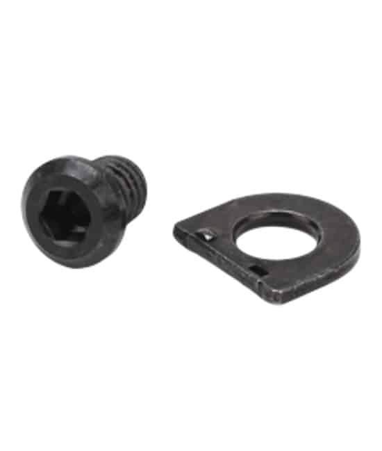 Cable-Fixing-Bolt-Plate-RD-R8000.jpg En mörk sexkantsskruv och en fyrkantig bricka med hål i mitten ligger mot en vit bakgrund. Båda delarna verkar vara gjorda av metall och har en matt finish.