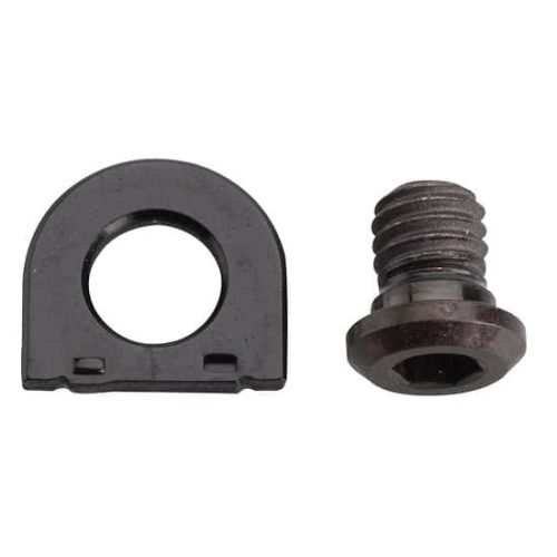 En detaljerad bild visar en Shimano vajerlåsningsbult och bricka för RD-R9100 bakväxel. Delarna ligger på en ljus bakgrund, vilket framhäver deras svarta färg och fina detaljer.