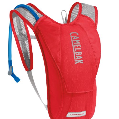 CamelBak Hydrobak är på 1,5 liter är en röd vätskeryggsäck med axelremmar i mesh och en blå drickslang för handsfree tillgång till vatten under löpning, vandring eller cykling.