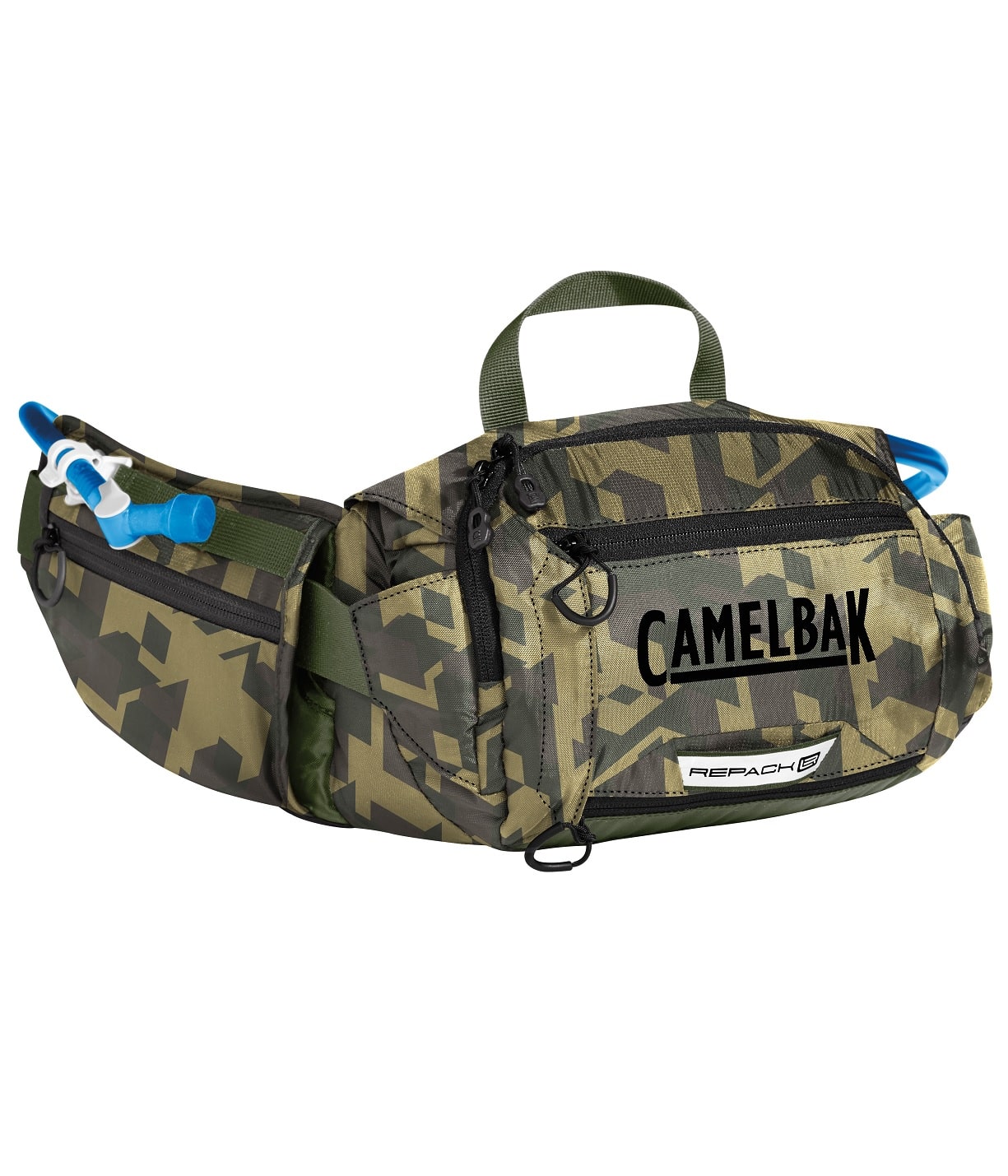 Camelbak-Repack-LR4-Camo.jpg Camelbak Repack LR4 är en kamouflagemönstrad midjeväska med flera fack med dragkedja, en blå drickslang och ett litet topphandtag. "CAMELBAK" och "REP PACK" är tryckta på framfickan.