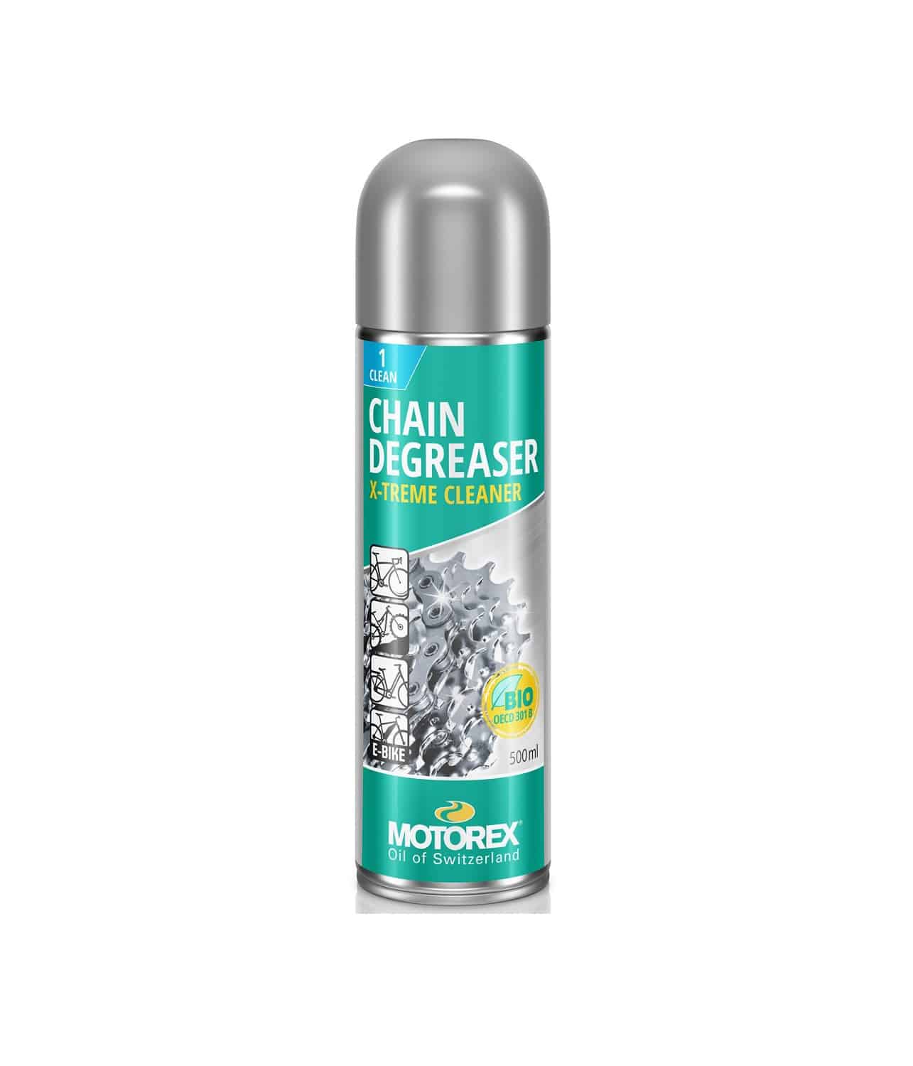 Chain-degreaser-500.jpg Motorex Chain Degreaser X-treme spray i 500 ml flaska. Stark belysning framhäver flaskans metalliska detaljer och produktinformationen
