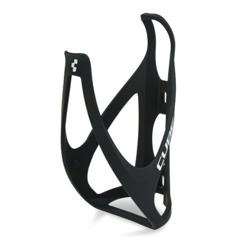 Svart Cube HPP flaskställ för cykel, tillverkat av plast med vit logotyp.