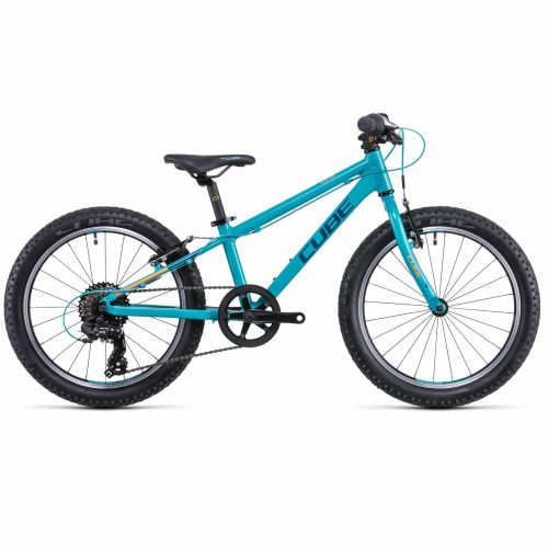 En 20" blå Cube Acid 200 mountainbike för barn med 7 växlar, svarta däck, rakt styre, bromsar fram och bak, svart sadel; profilvy mot vit bakgrund. "CUBE" är synligt på ramen.