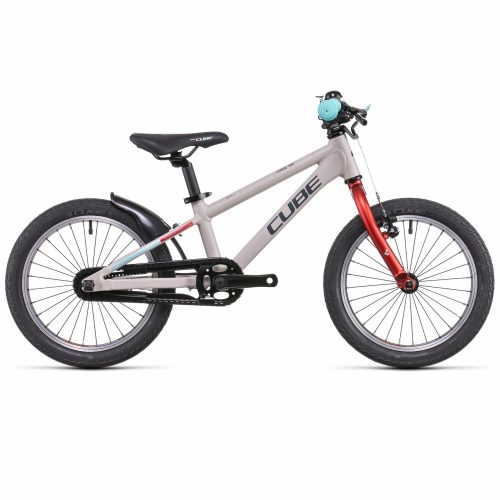 Barncykel Cube Cubie 160 RT 16" - Grå är en liten, ljusgrå barncykel med svarta däck, svart sadel, röd framgaffel, ringklocka på styret och inga synliga pedaler. Avbildad i profil mot en vit bakgrund.