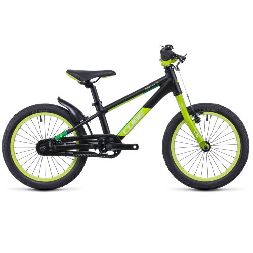 Barncykel Cube Cubie 160 RT 16" har en svart ram med ljusgröna detaljer på hjul, gaffel, sadel och styre och visas i sidoprofil mot en vit bakgrund.