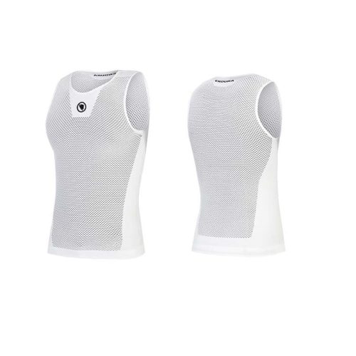 Endura Fishnet Baselayer undertröja visas ärmlös och vit, med både fram- och baksida på en vit bakgrund.